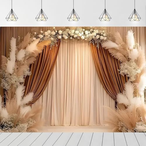 Bohemian Backdrop Beige Curtains Background Pampas Grass Floral Interior Decoration Girl Birthday Party Wedding Pregnant Portrait Photo Newborn Baby Photo Studio Props (8X6FT) - size: 8X6FT