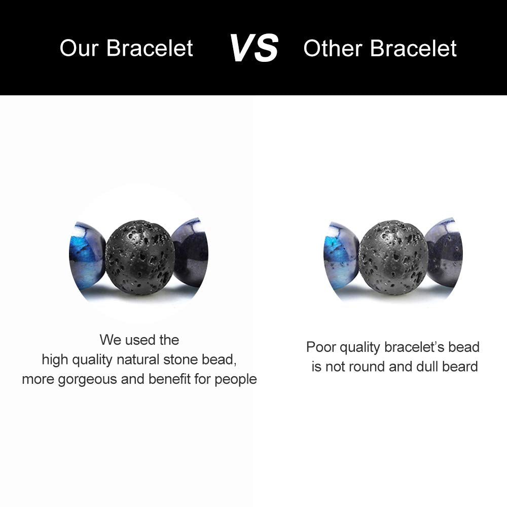 M MOOHAM Natural Bead Bracelet - Gem Semi Precious Stone Round Bead Black Lava Rock Blue Tiger Eye Beads Bracelet Adjustable Bracelets Birthday Gifts for Men