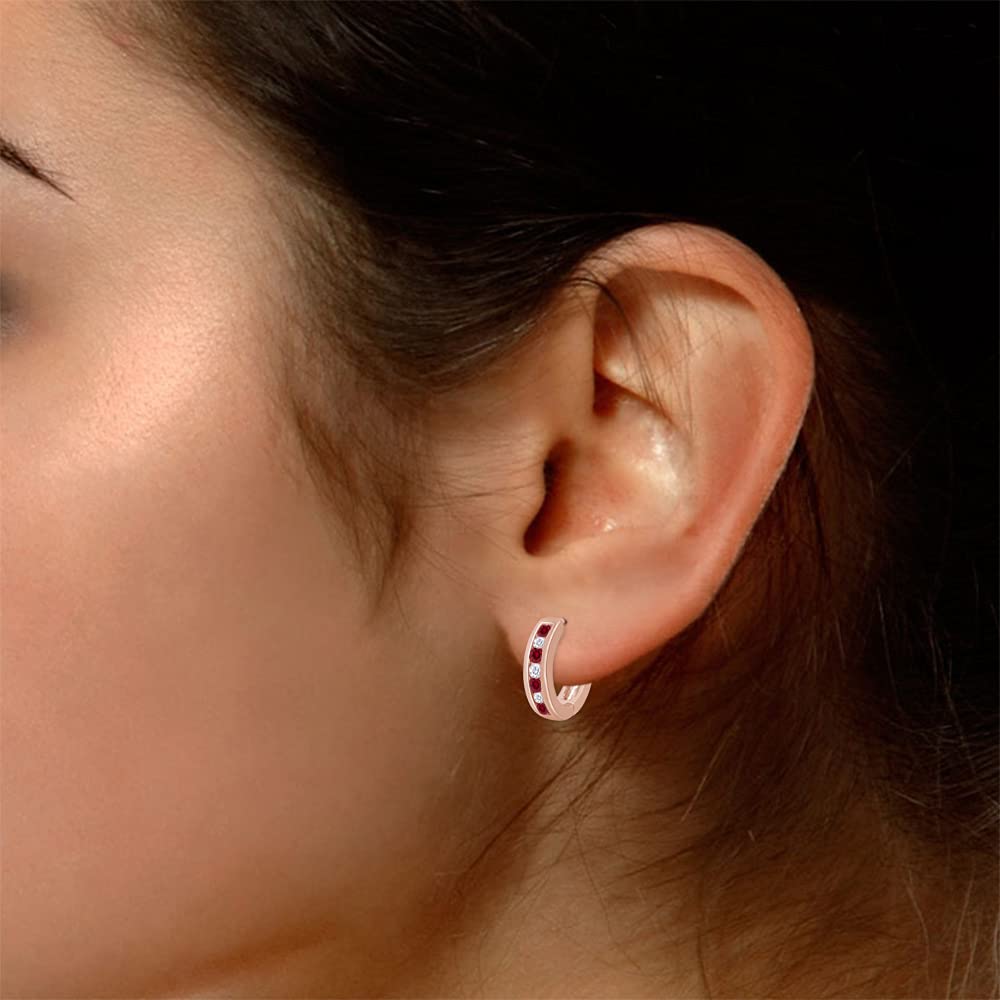 Huggie Earrings for Women, 14K Rose Gold Over Sterling Silver Hoop Earrings with Simulated Ruby and White Cubic Zirconia, Dainty Elegant Jewelry Gift