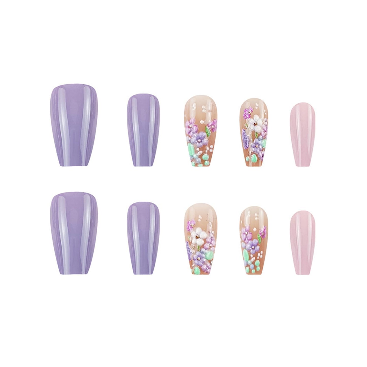 Flower French Tip Press on Nails Medium Coffin Fake Nails Glossy Purple Acrylic Press on Nails Lavender Floral False Nails Reusable Summer Artificial Nails Full Cover Stick on Nails for Women, 24Pcs
