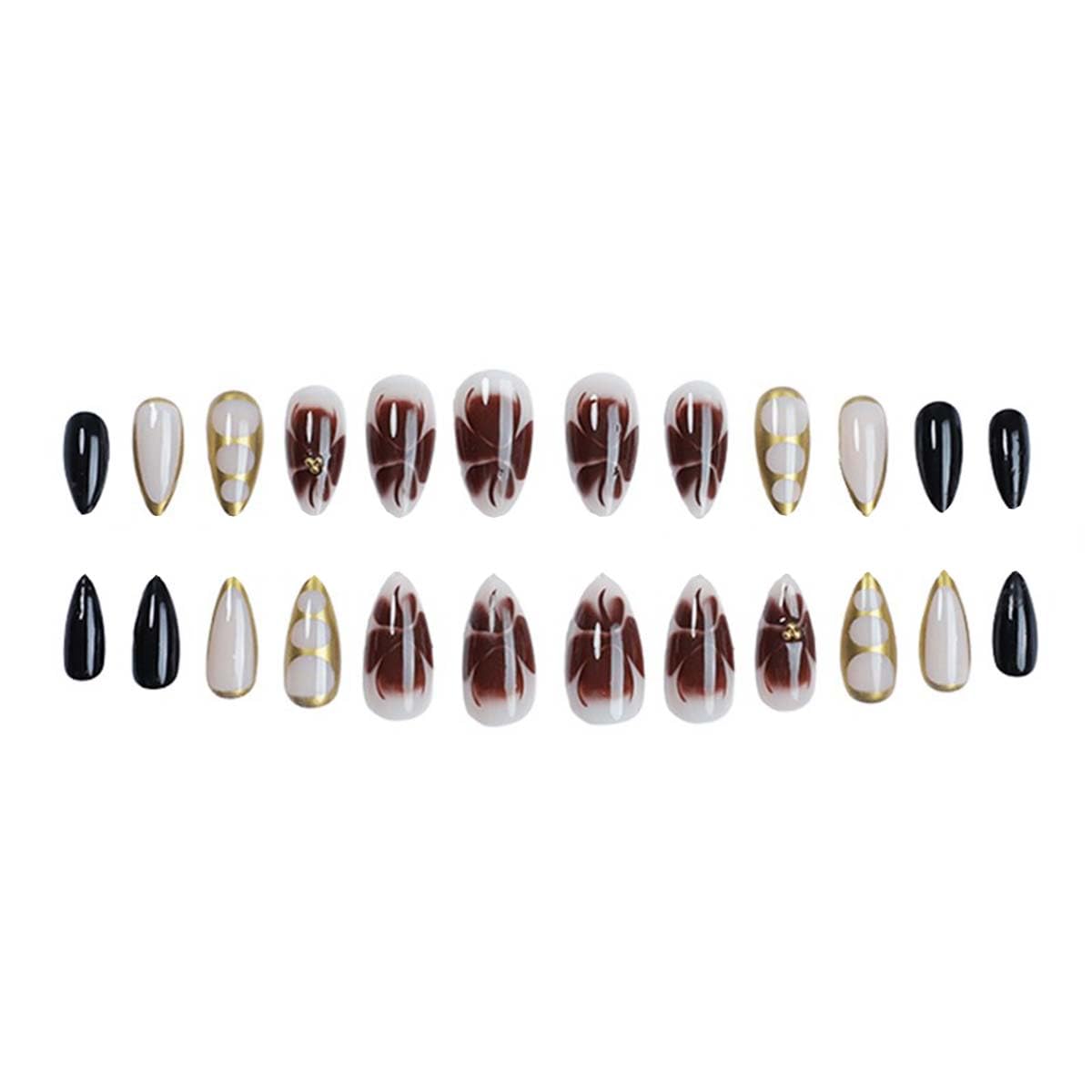 Medium Almond Press On Nails Brown Fake Nails Flower With Golden Beads Design Acrylic Full Cover Nails Artificial Nails Glossy Glue On Nails Stick On Nails For Women Manicure 24pcs