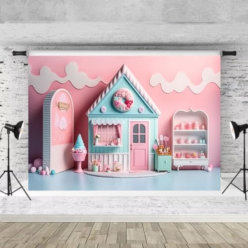 Pink Ice Cream Shop Candy House Background for Photoshoot Girl Birthday Party Decoration Children Happy First 1st Birthday Party Backdrop Summer Candy House Baby Shower Backdrop (7X5FT) - size: 7X5FT