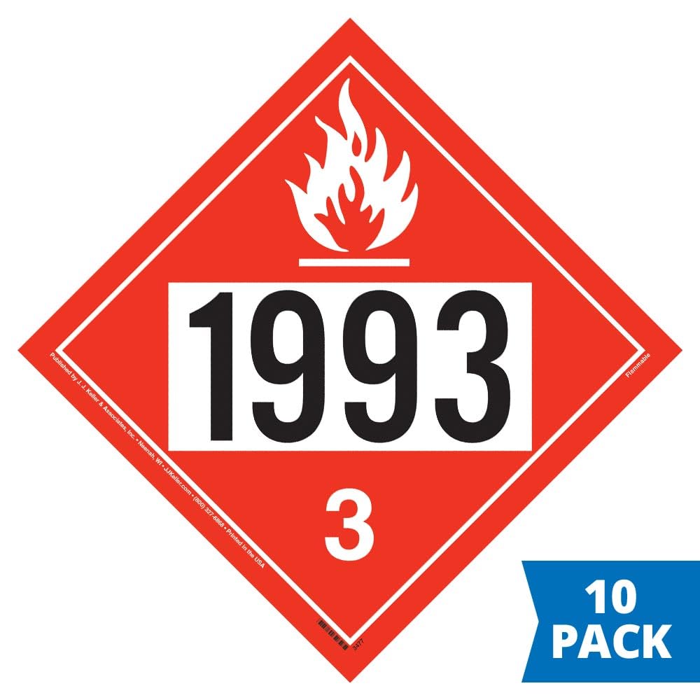 1993 Placard, Class 3 Flammable Liquid 10-pk. - 10.75" x 10.75" Removable Self Adhesive Vinyl for Temporary Applications - Complies with DOT Hazmat Placard Requirements