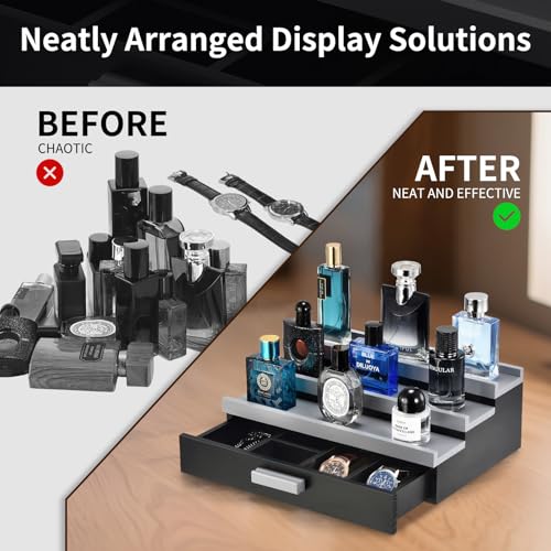 Perfume Organizer for Men, 3 Tier Wood Perfume Display Stand with Velvet Lining Drawer and Hidden Compartment for Watch,Jewelry,Perfume Display Risers,A Gift for Men (Black+Gray) - style: 3 Tier - BlackGrey