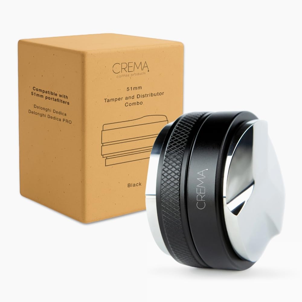 CREMA Coffee Products 51mm Hand Tamper & Coffee Distributor for Delonghi | Compatible w/any 51mm | Double-Sided, Adjustable Depth Tool | Durable 304 Stainless Steel | Black