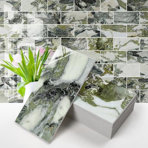 Vamos Tile 100-Piece Glossy Ice Green Peel and Stick Backsplash Tile,3''x6'' PVC Subway Tile with White Grout,Stick on Backsplash for Kitchen/Bathroom/Fireplace - color: Ice Green