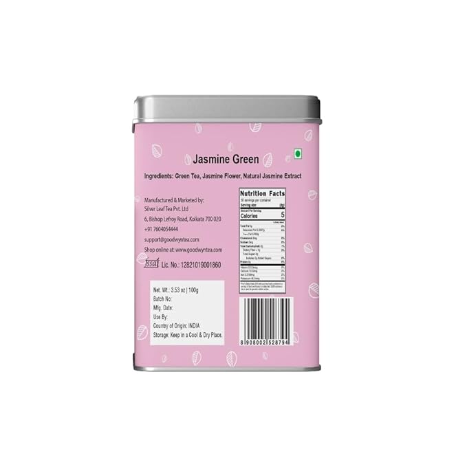 Goodwyn Jasmine Green Tea Loose Leaf –50 Cups (100g / 3.5 oz) | Herbal Jasmine Flower Infused Green Tea | Delicate Floral Aroma, Low Caffeine, Sugar-Free | Premium Reusable Tin Perfect for Gifting, Indian Origin Chai