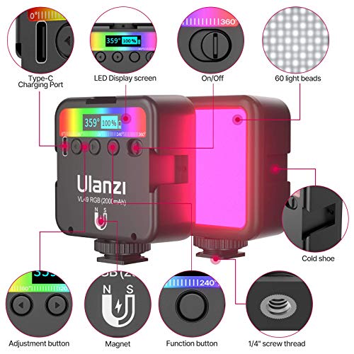 ULANZI VL49 RGB Video Lights, LED Camera Light 360° Full Color Portable Photography Lighting w 3 Cold Shoe, 2000mAh Rechargeable CRI 95+ 2500-9000K Dimmable Panel Lamp Support Magnetic Attraction - color: Black