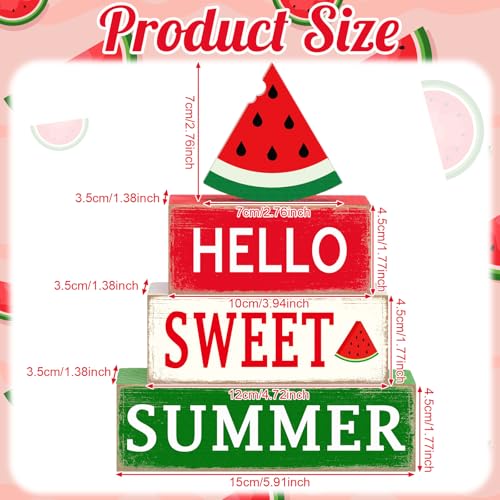 GlikCeil 4 Pcs Summer Watermelon Wood Block Table Sign Watermelon Table Decorations Centerpieces Farmhouse Rustic Tiered Summer Tray Decor for Home Office Desk Kitchen Shelf Decor - style: Watermelon