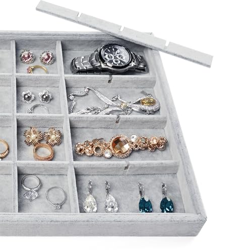 Oirlv 24 Grid Ice Velvet Jewelry Drawer Organizer Tray Stackable Jewelry Trays Removable Dividers for Rings Earring Storage Display - size: 24 Grid Tray