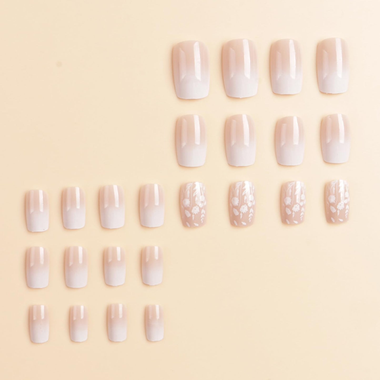 White Gradient Press-On Nails Short Square False Nails with Flower and Leaf Design Glossy Nude Gradient Nail Art Stickers for Women Girls DIY Nail Art Decoration 24 Pieces