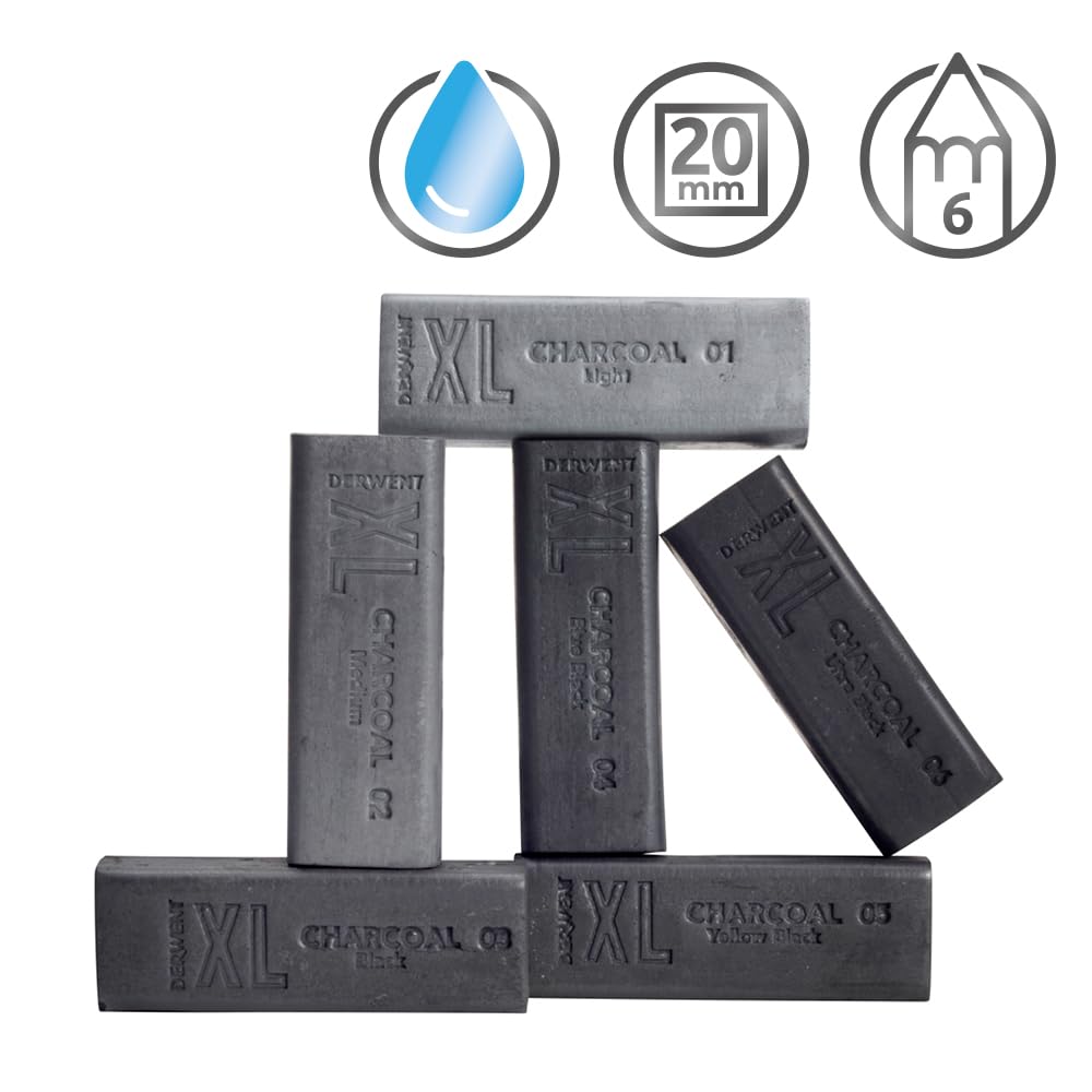 Derwent Charcoal XL Blocks 6 Tin, Set of 6, 60mm Extra-Large Block, Naturally Water-soluble, Ideal for Sketching, Drawing and Expressive Mark Making, Professional Quality (2306196)