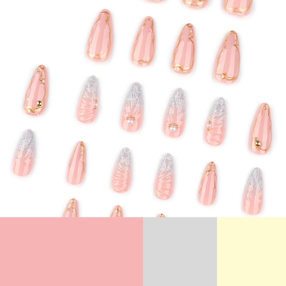 Medium Almond Press on Nails Skin Tone False Nails with 5D Pearl Waterdrop Shell Design Gold Irregular Lines Fake Nails Silver Glitter Glue on Nails Glossy Rhinestones Nail for Women Manicure 24Pcs