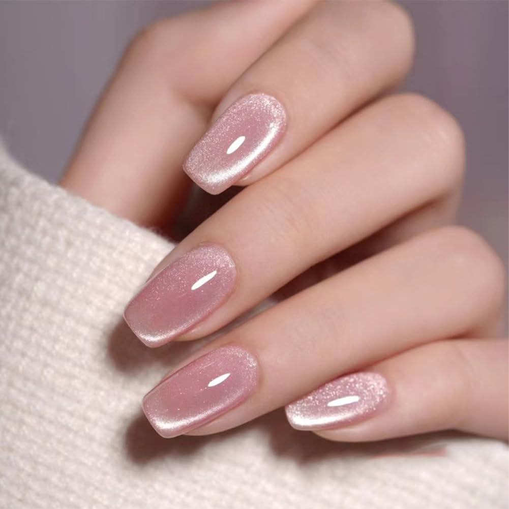 WAFOLOZE Press On Nails Medium Coffin Fake Nails With Glue, Ice Crystal Stone Cat's Eye Nail Press Ons With Flashing Nude Color Design，Artificial False Nails Stick On Nails for Women-30Pcs