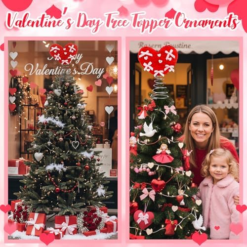 Capoda Valentine's Day Tree Topper Knitted Crochet Heart Topper for Christmas Tree Decorations Handmade Love Treetop with Red Bows for Valentine?€?s Day Holiday Wedding Party Supplies(Knitted)