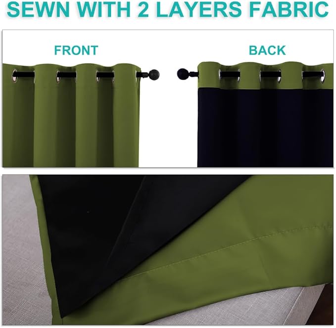 NICETOWN 100% Blackout Window Curtain Panels, Olive Green, 2 Pieces, 42-inch Wide Per Panel, Full Light Blocking Drapes with Black Liner for Nursery, 72-inch Drop Thermal Insulated Draperies