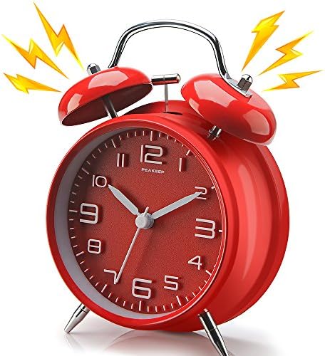 Peakeep 4 Inches Twin Bell Loud Alarm Clock for Heavy Sleepers | Backlight, Battery Operated Old Fashioned Alarm Clock for Bedrooms Kids' Room (3D-Dial, Red)
