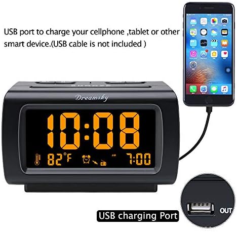 DreamSky Alarm Clock Radio for Bedrooms with Battery Backup | Large Numbers with Dimmer Wheel, USB Port, Bedside Digital FM Radio with Sleep Timer, Temperature, Adjustable Volume, Snooze