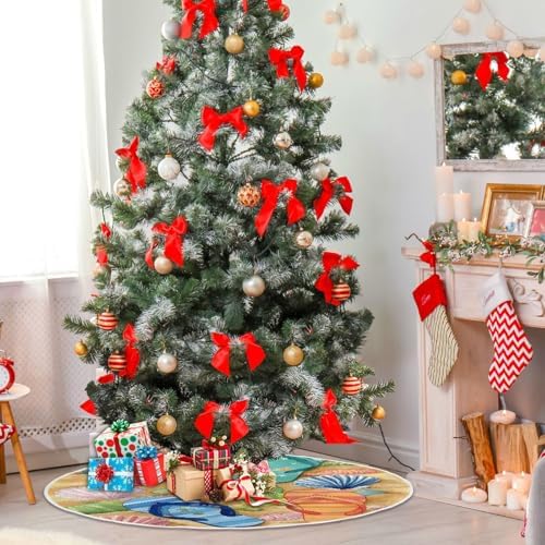 Summer Beach Flip Flops Tree Skirt 48" Spring Summer Large Christmas Tree Skirts Rustic Farmhouse Xmas Mat for Holiday Festival Party Decor