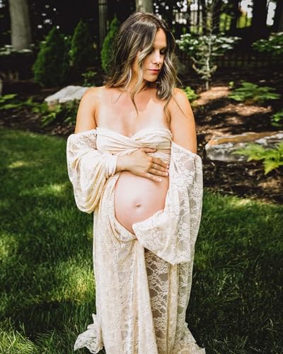 Saslax Soft Stretchy Lace Off Shoulder Doubly Split A-line Skirt Maternity Dress Pregnancy Maxi Gown for Photoshoot - color: Champagne, size: Large