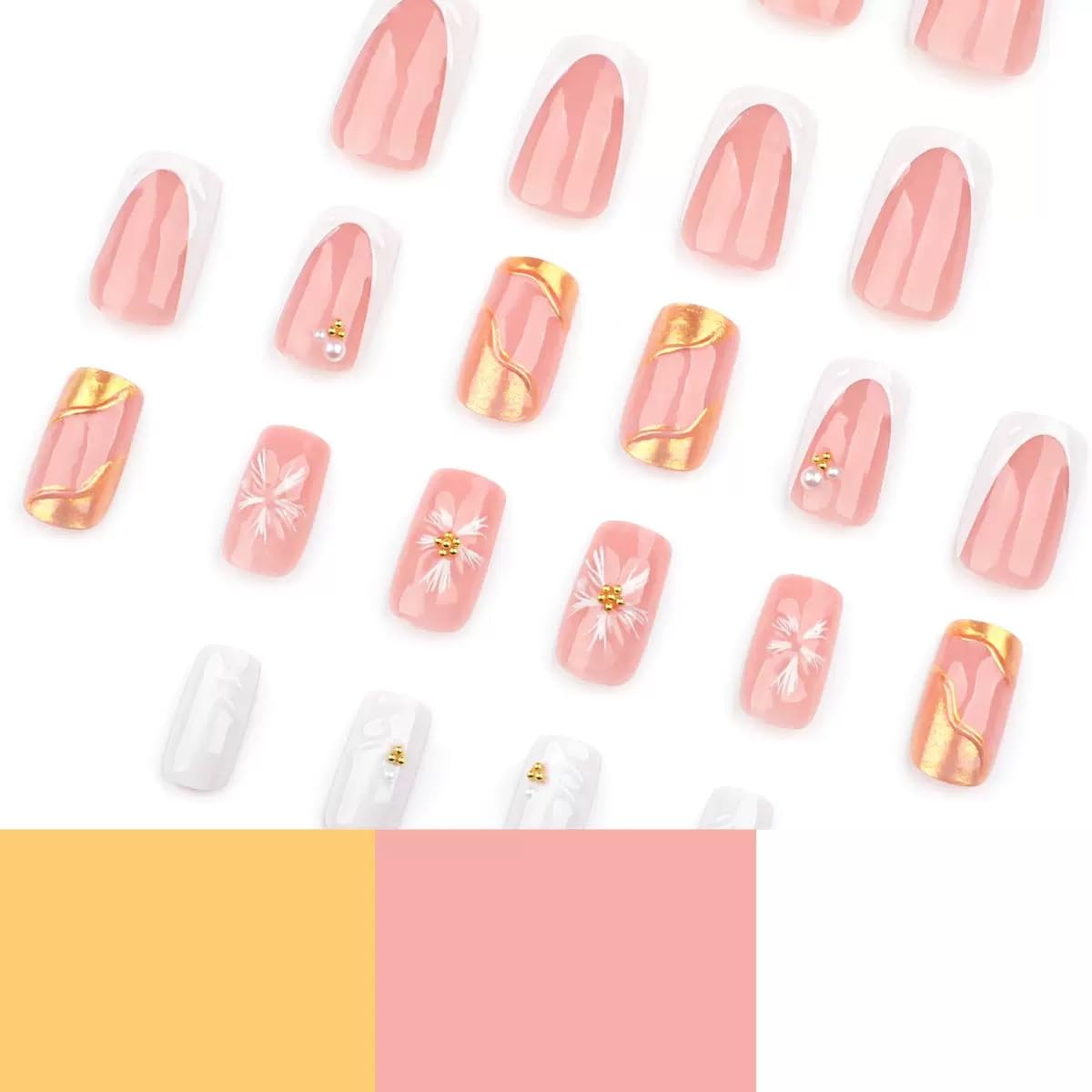 Square Press on Nails Medium - White French Tip Fake Nails with 3D Flower Wave Design- Elegant Full Cover Stick on False Nails for Women - 24 Pcs