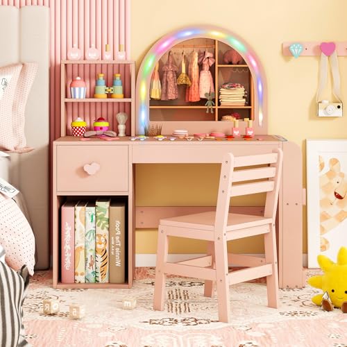 Costzon Kids Vanity, Girls Vanity Set with Lighted Mirror, Bookshelf, Drawer, Storage Cabinet & Shelves, Toddler Makeup Vanity Desk Dressing Table, Wooden Kids Vanity Table and Chair Set (Pink) - style: Pink with Bookshelf