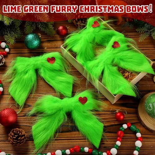 RoundFunny 4 Pcs Christmas Large Green Furry Bow with Red Heart Lime Green Christmas Tree Topper Bow Decoration Gift for Xmas Home Decor Outdoor Indoor Car Ornament