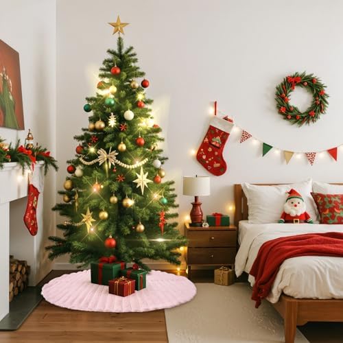 Lanpn Christmas Tree Skirt 16 inch, Faux Fur Xmas Tree Skirt Plush Winter Christmas Tree Mat for Small Mini Pencil Slim Artificial Trees Winter Home Party Indoor Xmas Decor (Pink, 40cm)