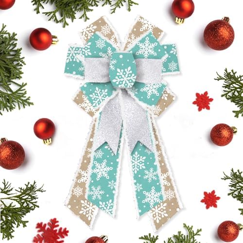 Hying Large Christmas Bows for Wreath, Christmas Wreath Bow Blue Natural Burlap Bow Xmas Snowflake Tree Bows Ornaments for Front Door New Year Christmas Party Decoration Supplies