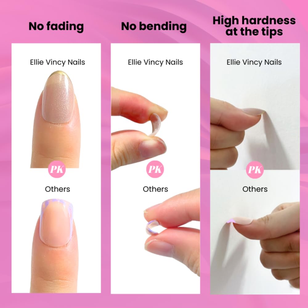 Ellie Vincy Press-On Nails – Short Oval Pink Cat Eye Fake Tip, Reusable Salon Quality Nails in 16 Sizes – 32 Nail Kit with Glue & Sticky Tabs