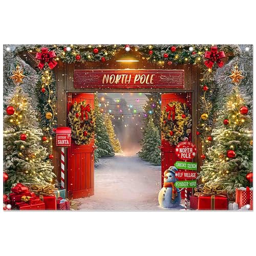 12x8ft Fabric Christmas Backdrop Winter Forest Wooden Barn Door North Pole Snowy Xmas Tree Photography Background Family Holiday Party Decor Photo Props - size: 12'x8'