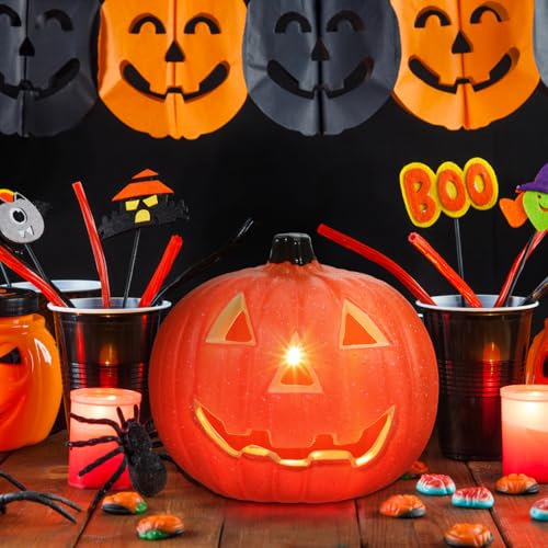 Housoutil Hollow Out Jack-o-Lantern Orange Decor Outdoor Plant LED Lanterns Halloween Pumpkin Table Light Artificial Glowing Pumpkins LED Halloween Pumpkin Light Plastic Orange Party Decor