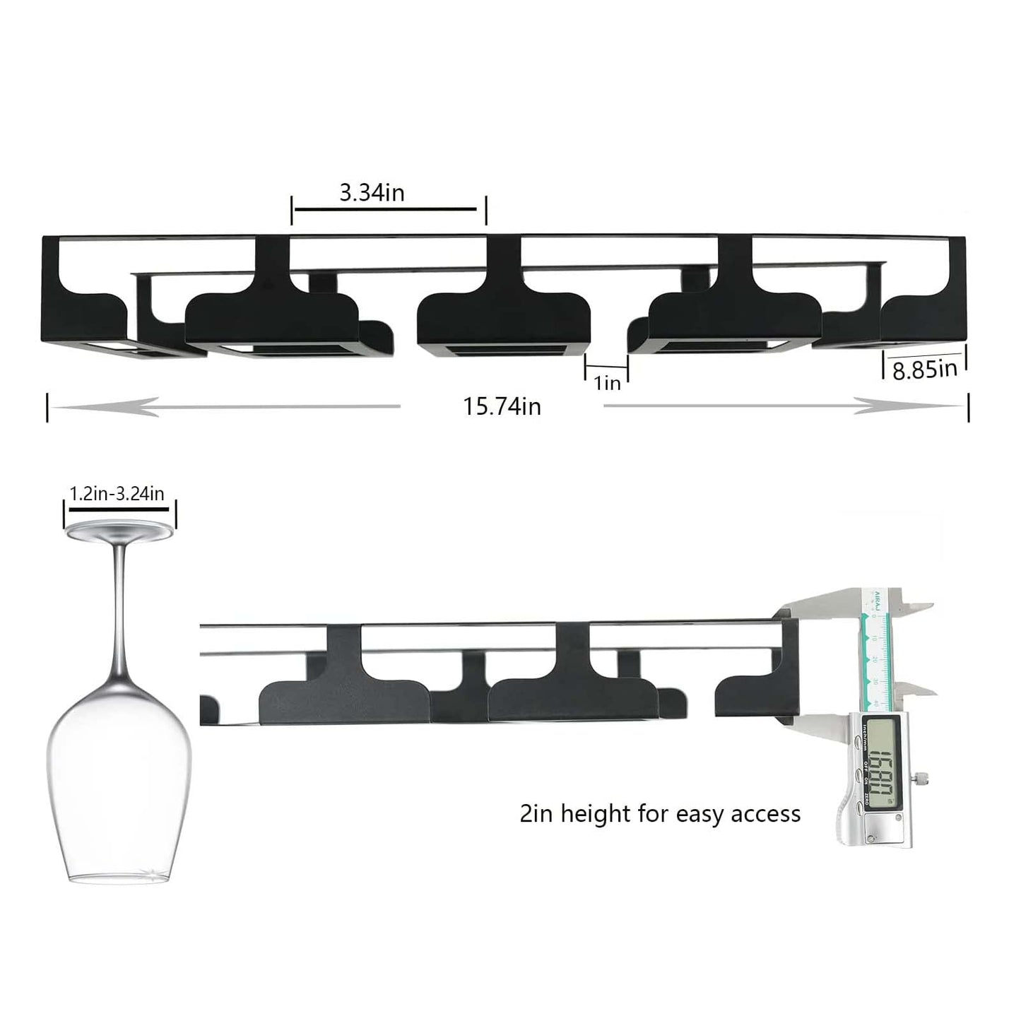 Jbikao Wine Glass Rack - Under Cabinet Stemware Wine Glass Holder Glasses Storage Hanger Metal Hanging Organizer for Bar Kitchen 4 Rows Black