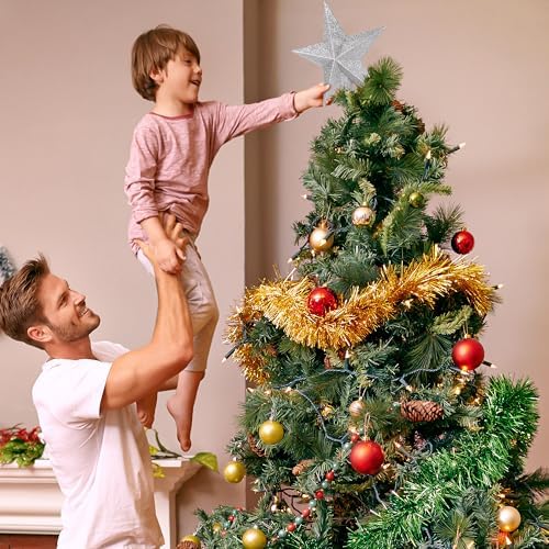 Tree Topper Star, 8" Silver Christmas Tree Topper with Glitter, Xmas Decor