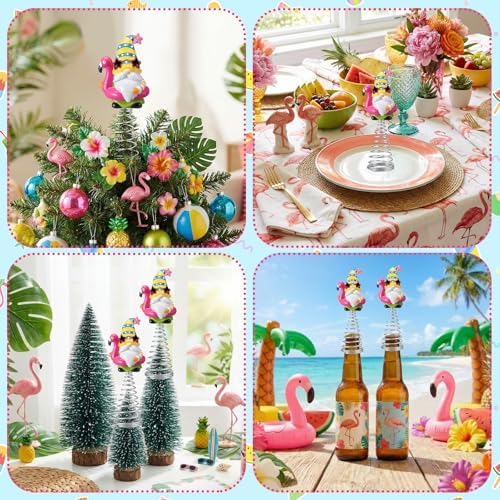 Gejoy Summer Flamingo Gnome Mini Tree Topper 5.1 Inch Tropical Beach Gnome with Spring Base, Mini Summer Tree Top Decorations for Luau Hawaiian Party Tiered Tray Tabletop Decor