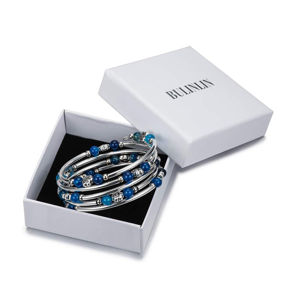 BULINLIN Wrap Bangle Rose Bead Bracelet - Beaded Bracelet with Natural Agate Stone Gifts For Women(01-Agate blue)