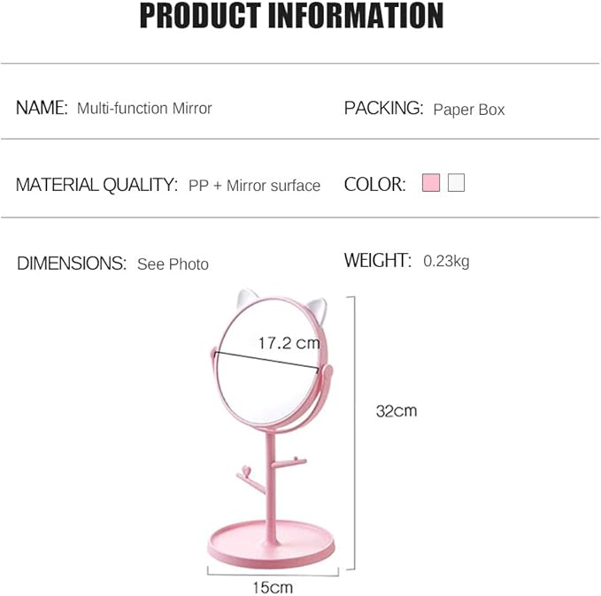 Desk Mirror in Cute Cat Ears Shape-Kawaii &Vanity Mirror for You in Bathroom or Bedroom- Pink