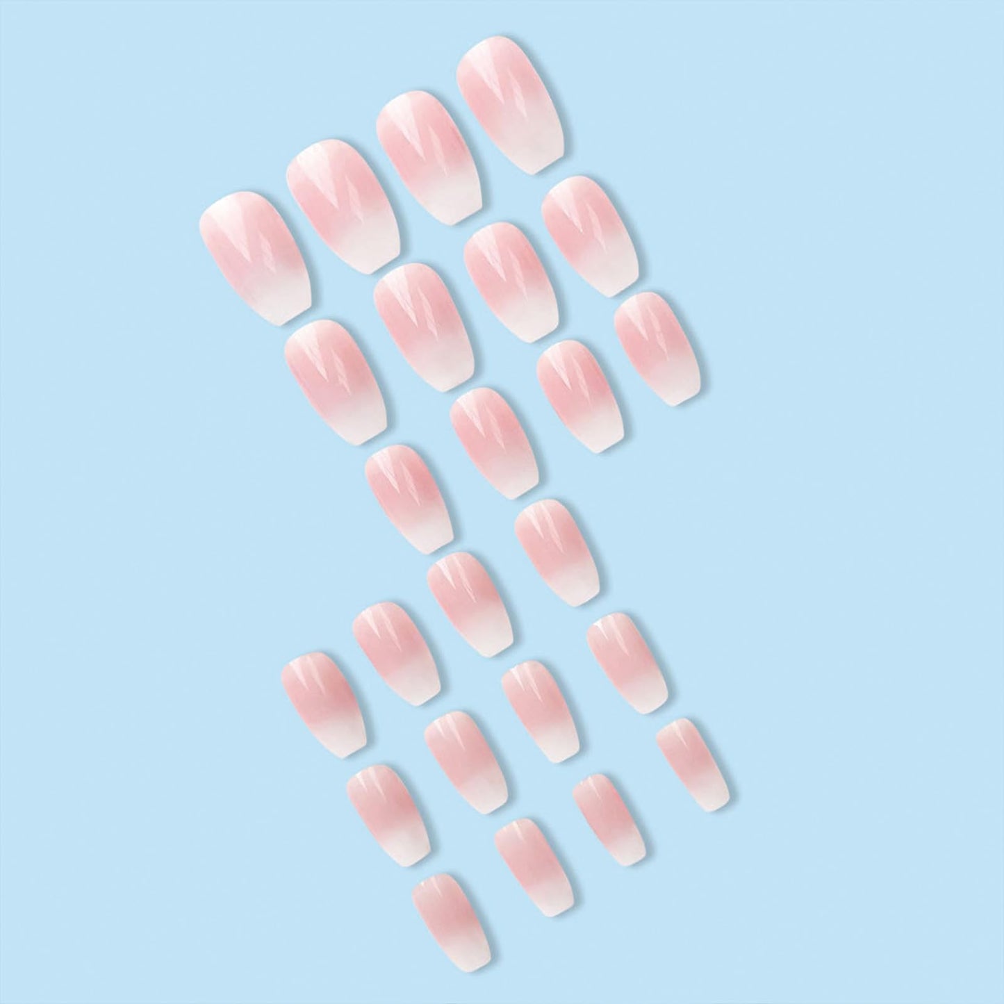 SINHOT Press on Nails - Medium Coffin Shape, Glossy Pink Ombre Gradient, 24 pcs with Design