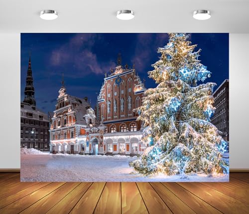 15x10ft Christmas Riga Scenery Backdrop Winter Town Hall Square Snowy Landscape Old Town Christmas Tree Background for Winter Party Decorations New Year Holiday Photo Props Portrait Fabric - size: 15x10FT