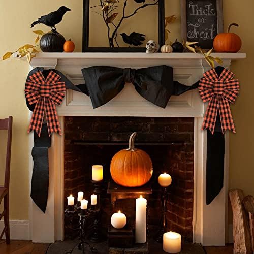 Heureppy 2pcs Halloween Wreath Bows Decor Bow Orange Buffalo Plaid Burlap for Wreaths, Tree Topper Home Decoration Ornament Supplies