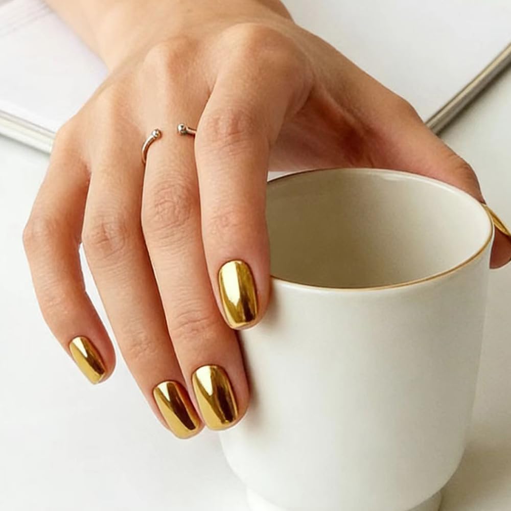 FJSMTOPl Gold Press on Nails Square Fake Nails Short False Nails with Designs Metallic Holographic Glue on Nails Acrylic Nails Glossy Stick on Nail for Women Nail Manicure