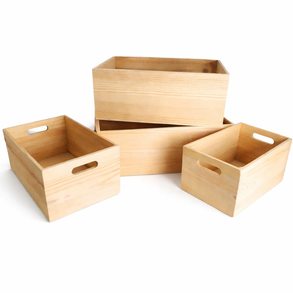 Oojami Unfinished Wooden Crates 4 Pack for Storage & Display Nesting Wood Boxes with Handles, Organizer Bins for Crafts, Decor, Farmhouse, Kitchen, Pantry - Pine