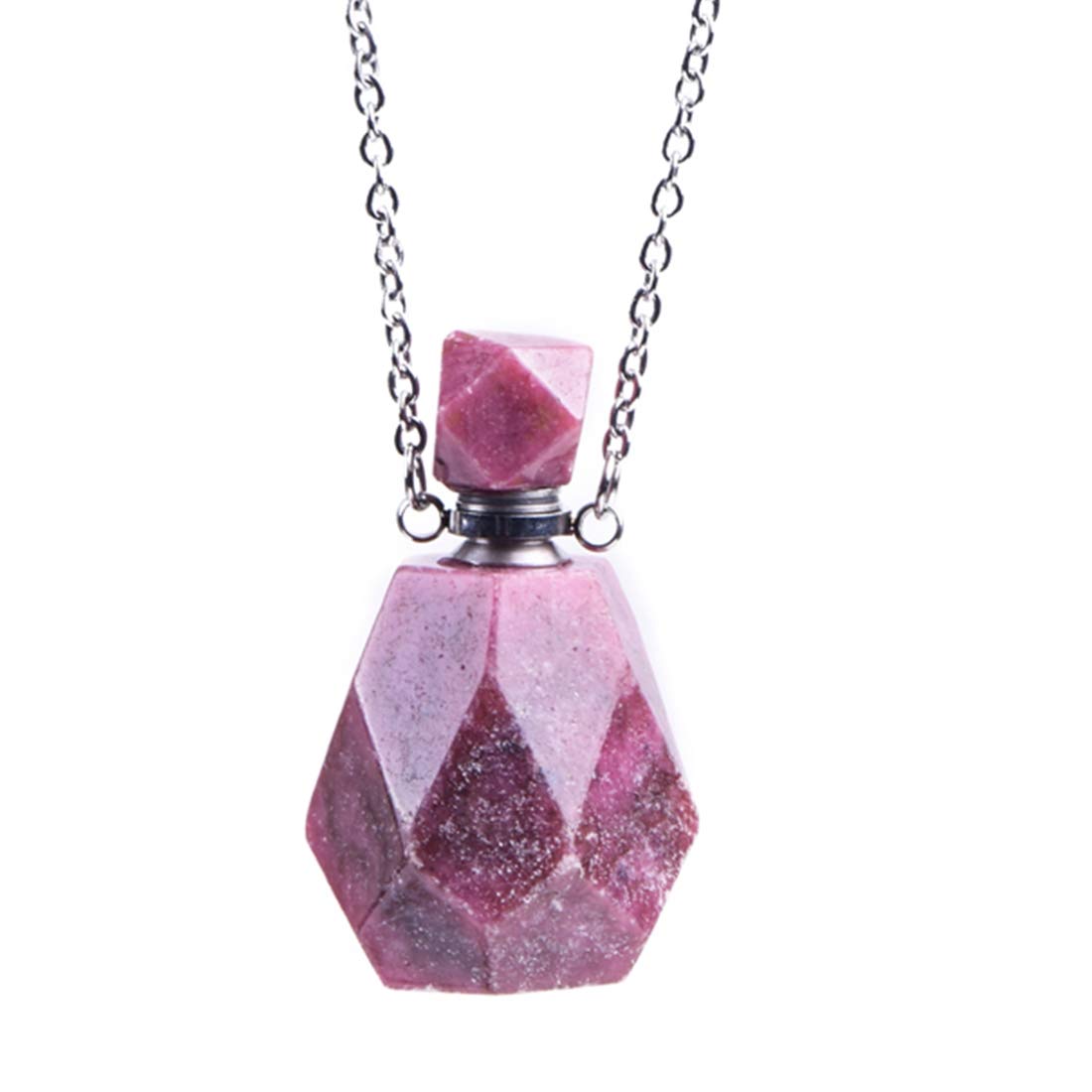 YGLINE Rhodonite Natural Gemstone Perfume Bottle Pendant,Slive Plated Healing Chakra Crystal Vial Perfume Bottle Necklace