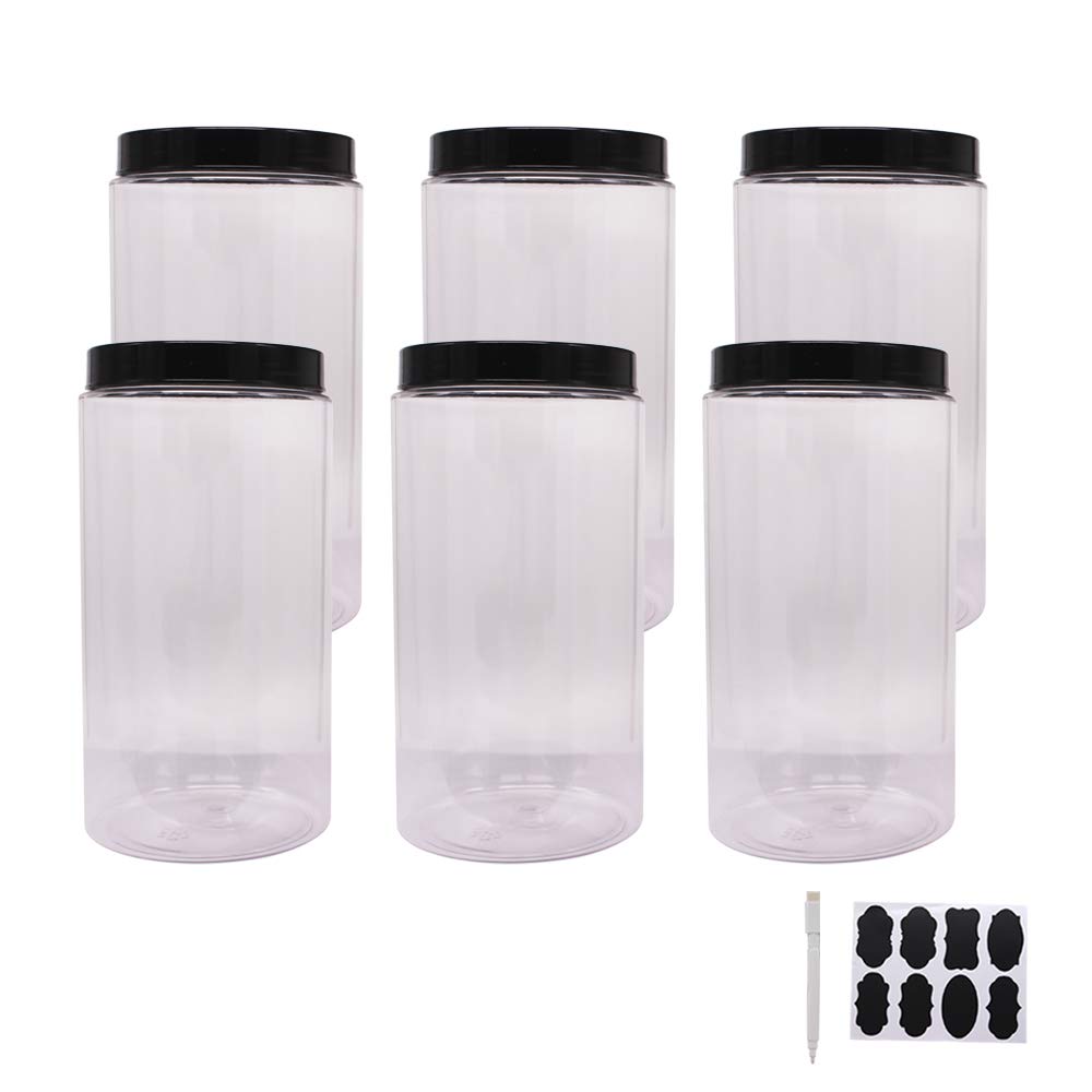 zmybcpack 6 Pack 40 oz Plastic Jars With Lids, Extra Labels, 1 Pen, Clear PET Seal Jar for Food Storage,Wide Opening Storage jar for Dry Food, Peanut, Powder, Kitchen & Craft Storage