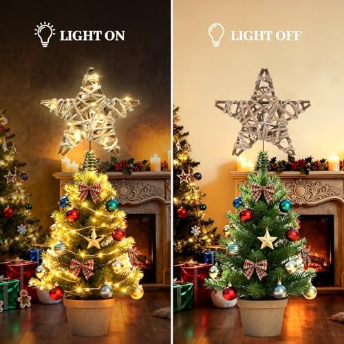 LAWOHO Christmas Tree Topper Retro Woven Star with Lights, Farmhouse Christmas Decor, Mini Rustic 6 Inch Star with 6H Timer, Light Up Christmas Tree Decorations, for Xmas Tree, Holiday, Party
