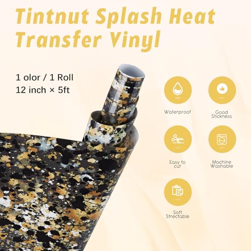 Tintnut Splash Heat Transfer Vinyl Roll - 12 Inch x 5ft Black Gold Watercolor Ink Patterned HTV Splatter Iron On Vinyl DIY T-Shirts Hats Clothes Canvas Bags - color: Black Gold