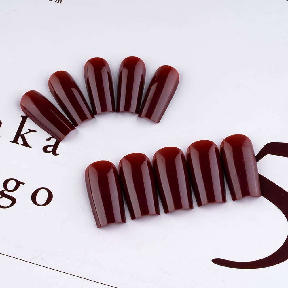 Wine Red Press On Nails Medium Long Square, Xcreando Medium Coffin Nails Acrylic Press ons Glue on Nails, Solid Color Fake Nail for Women, Natural Thick Artificial Stick on