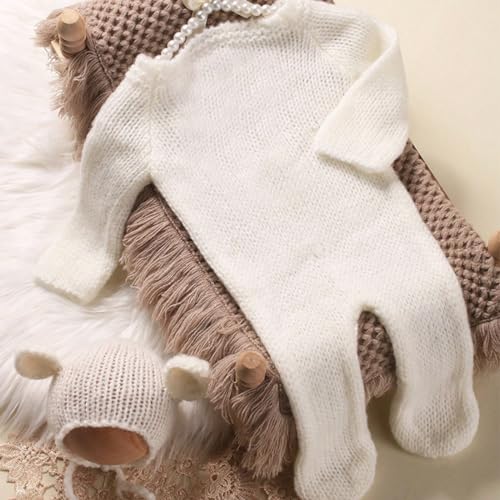 Newborn Baby Photo Shoot Props Girl Boy Crochet Knit Hat Costume Stripe Hat Pants Overalls Photography Props - color: White C