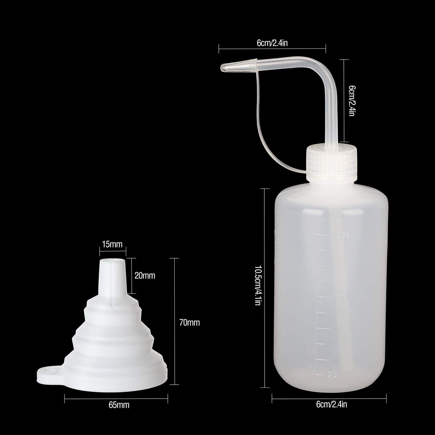 Hyber&Cara Safety Wash Bottle with Cap 3Pcs 250ml Plastic Plant Watering Tattoo Squeeze Bottle for Lab with 1Pc Silicone Funnel