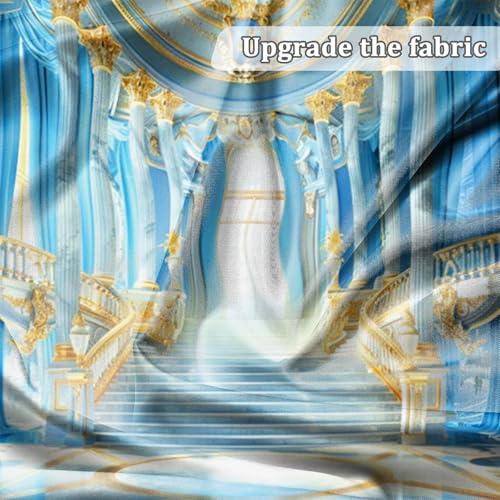 Renaiss Fabric Blue Palace Backdrop Luxury Golden Hall Castle Interior Staircase Masquerade Party Scene Wedding Bridal Shower Background Photo Booth Studio Props 6x4ft - color: XH002, size: 6Wx4H FT